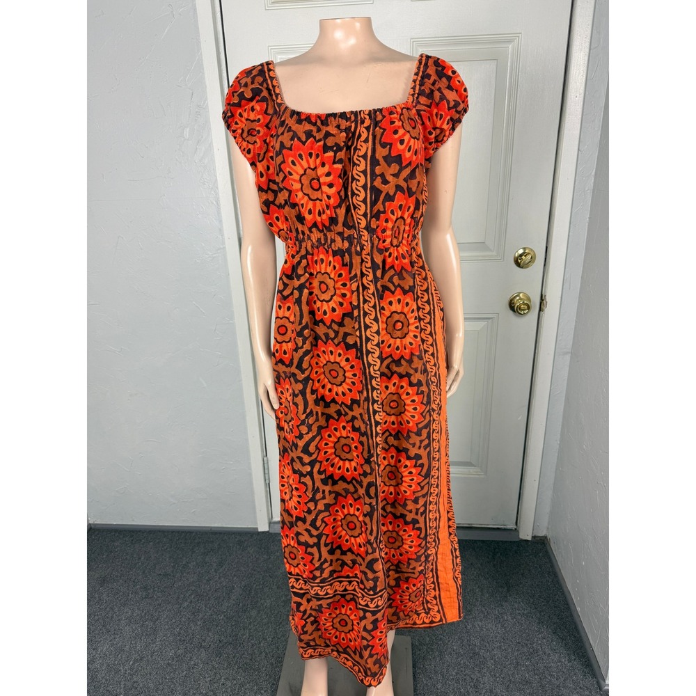 Vintage 70s Handmade Dress Tapestry Cotton Off Shoulder Cotton India Floral HH8